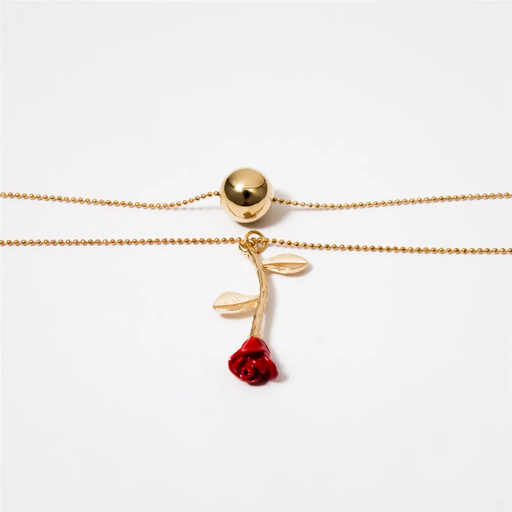 Бохо Красная роза цветок ожерелье с подвеской простое винтажная бусина двойное ожерелье ключицы ювелирные изделия с цепочкой для женщин