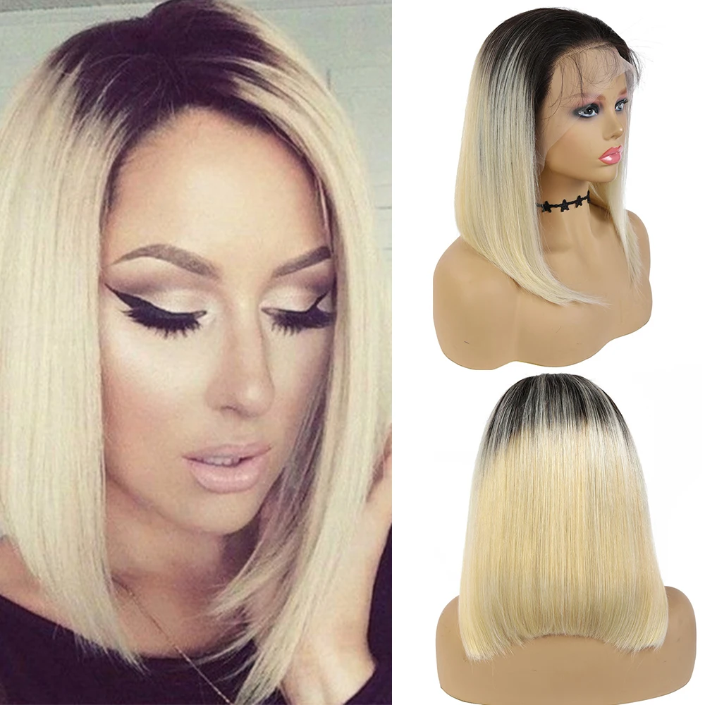 Ombre Blonde 1B 613 цветной Боб парик на фронте бразильский Реми прямые 13X4 парики шнурка