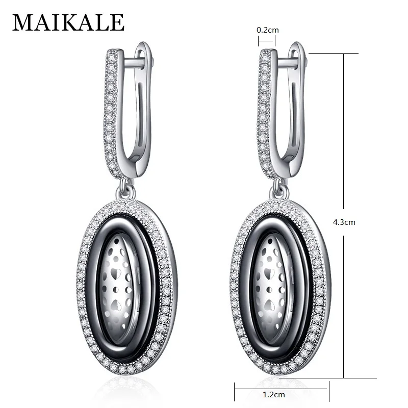 Женские круглые серьги подвески MAIKALE черные и белые керамические серебряного