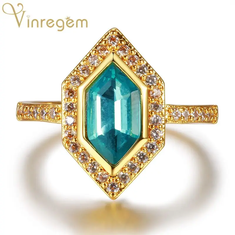 

Vinregem Branded 925 Sterling Silver Topaz Aqumarine Gemstone Birthstone 18K Yellow Gold Ring Bands Fine Jewelry Drop Shipping
