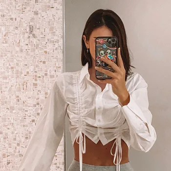 

Sweetown 2020 Autumn Long Sleeve Drawstring Elegant Crop Top Shirt For Women Ruched White Aesthetic T Shirt Female Streetwear