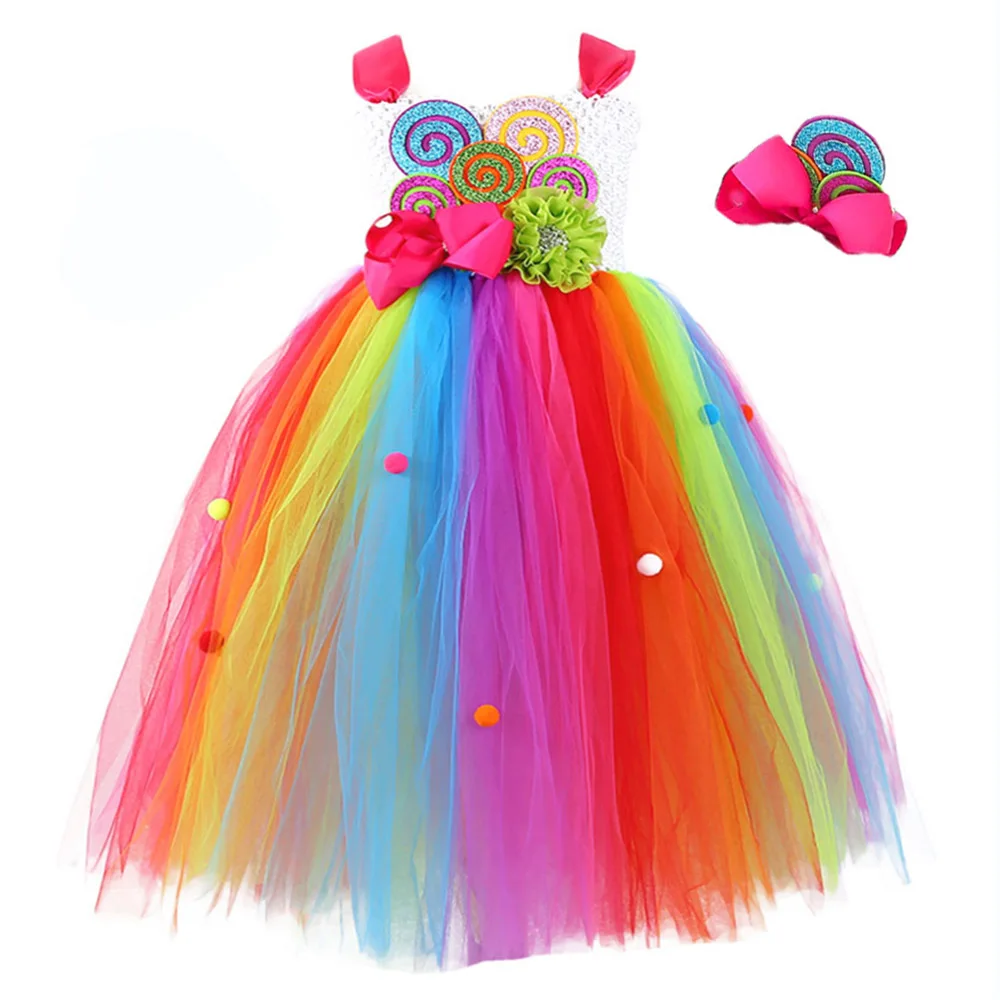 Girls Dress Радуга Леденец Pattern Цветочные Платья для Девочек для Партии и Свадьбы Сладкий Детский День Рождения Детский Фея Костюм Девоче - Цвет: Girls Dress