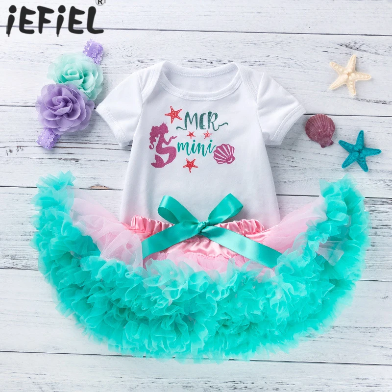 baby dress and set Baby Girl Princess Clothes Set Mermaid 1st Birthday Party Outfit Shell Romper Sequins Fish Scales Dress Bowknot Headband Costume baby's complete set of clothing