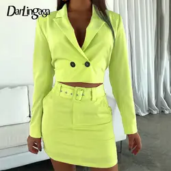 Darlingaga/модный осенний комплект из двух предметов неонового цвета, женская одежда укороченный пиджак, пальто и юбка, комплекты одинаковой