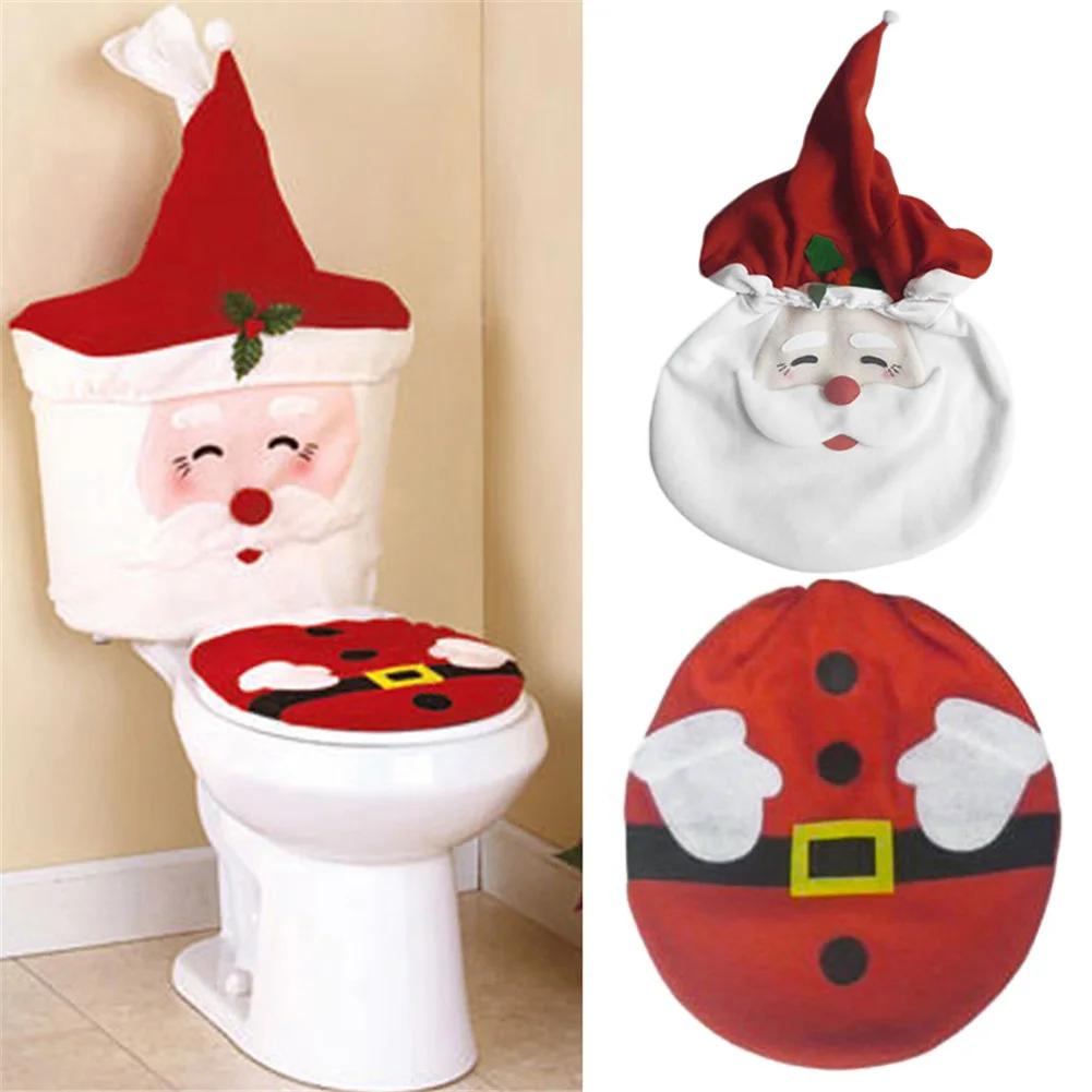 

3 PCS/ Set Christmas Decor Toilet Bathroom Set Santa Claus Toilet Seat Cover & Tank Cistern Cover &Toilet Paper Container Cover