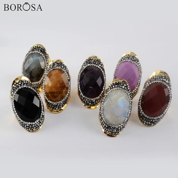 

BOROSA 5Pcs New Multi-Kind Natural Stones Gold Ring Turquoises Crystal Rings Adjustable Cubic Zirconia Ring for Women JAB981-1