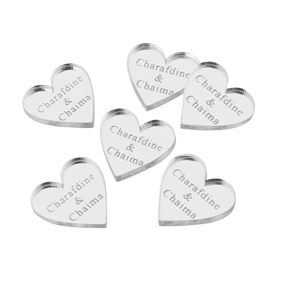 100 шт персонализированное гравированное зеркало серебряного цвета с сердечками для свадебного стола с именными ярлыками - Цвет: Style 3
