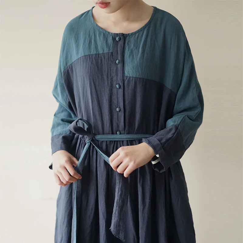 SCUWLINEN 2022 Women Spring Autumn Ramie Cotton Dress Vintage Patchwork Long-sleeve Loose Long Artsy Robe Vestidos P217 | Женская одежда