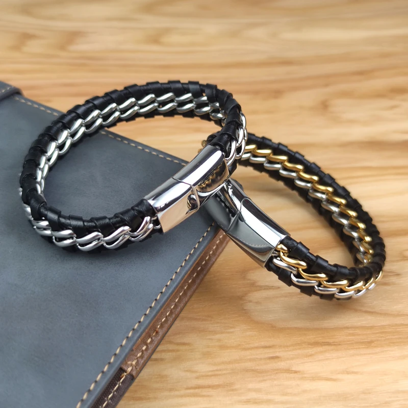 Genuine Leather Chain Bracelet for Men Magnetic Stainless Steel Clasp in Black Silver Gold Exclusive Jewellery Great Gift Idea - Image 5