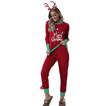 

Christmas Custom Women Pajamas Set Cotton Sleepwear Long Lattice Pants + Xmas Printed T-Shirt Pyjamas Women Clothes Winter Night