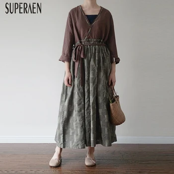 

SuperAen Fashion Women Dress Chinese Style Spring New 2020 Ladies Dress V-neck Casual Cotton Bandage Dress Female