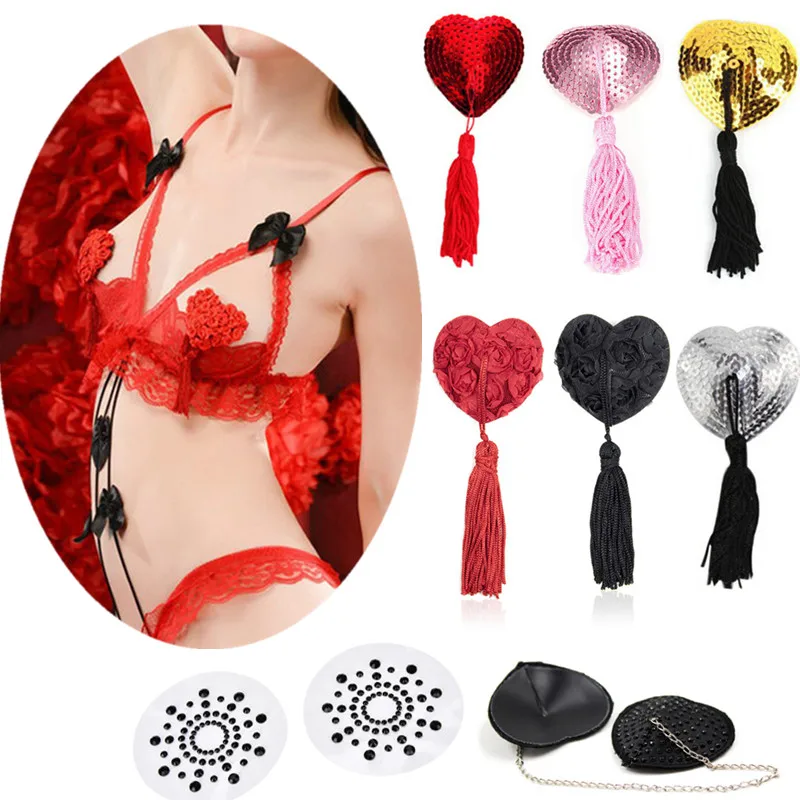 

1Pair Women Sexy Lace Self Adhesive Sequin Tassel Cover Heart Shape Bra Nipple Cover Pasties Breast Petals