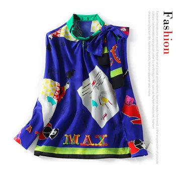 

New style tie bow at one side of neckline children s interesting figure Print Long Sleeve loose silk shirt top