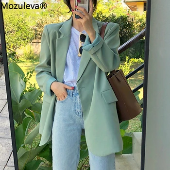 

Mozuleva 2020 Chic Loose Light Green Women Blazer Summer One Button Female Suit Jacket Full Sleeve Outwear Blazer Femme