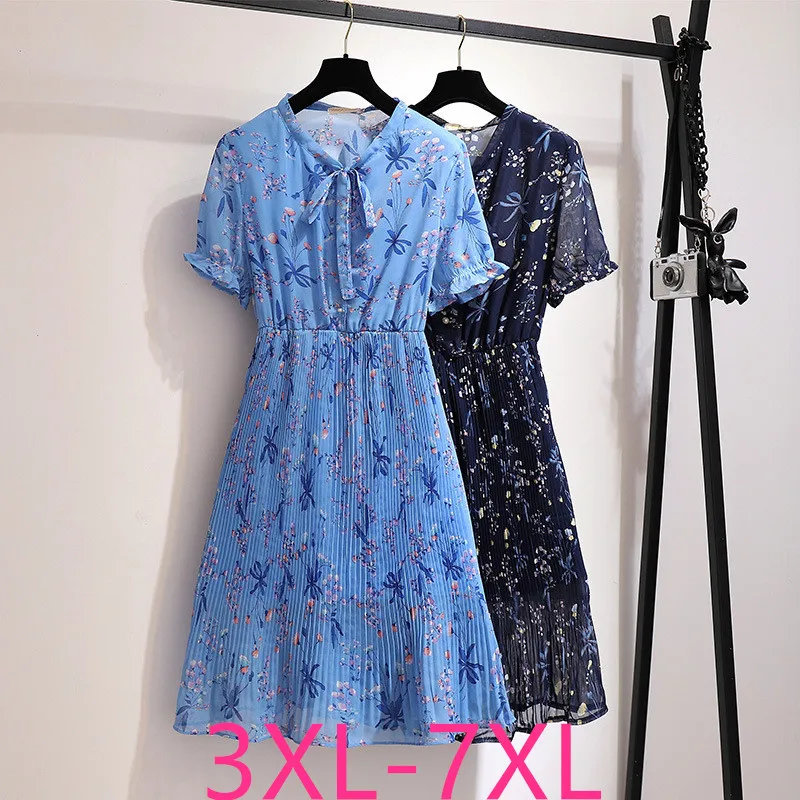 Летнее Длинное платье размера плюс для женщин, повседневное плиссированное платье с коротким рукавом и эластичной резинкой на талии синего цвета 4XL 5XL 6XL 7XL
