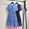 New summer plus size long dress for women large short sleeve casual elastic waist floral pleated dresses blue 4XL 5XL 6XL 7XL ► Photo 1/6