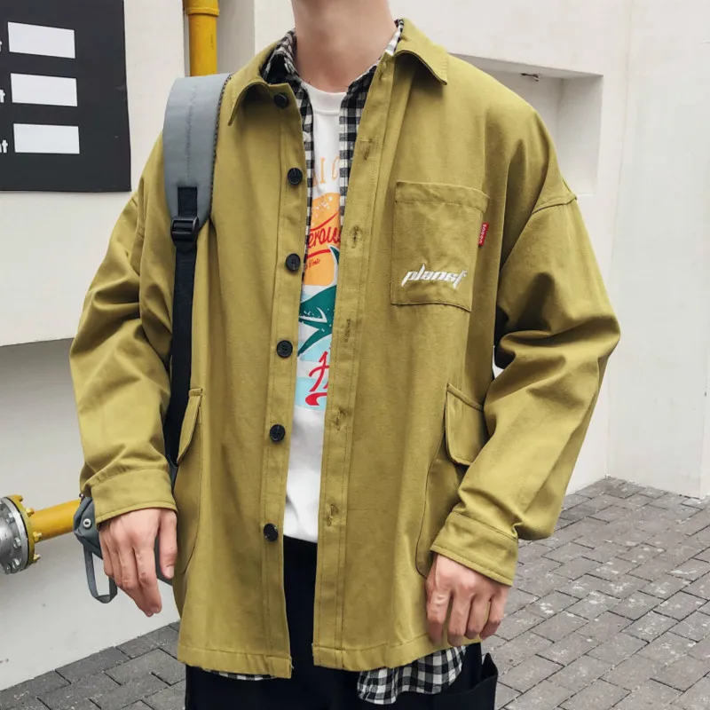 

2020 autumn Thin Jacket Embroidery Drop Shoulder Pocket Work Clothes Loose Long Coat Green windbreaker Single Breasted