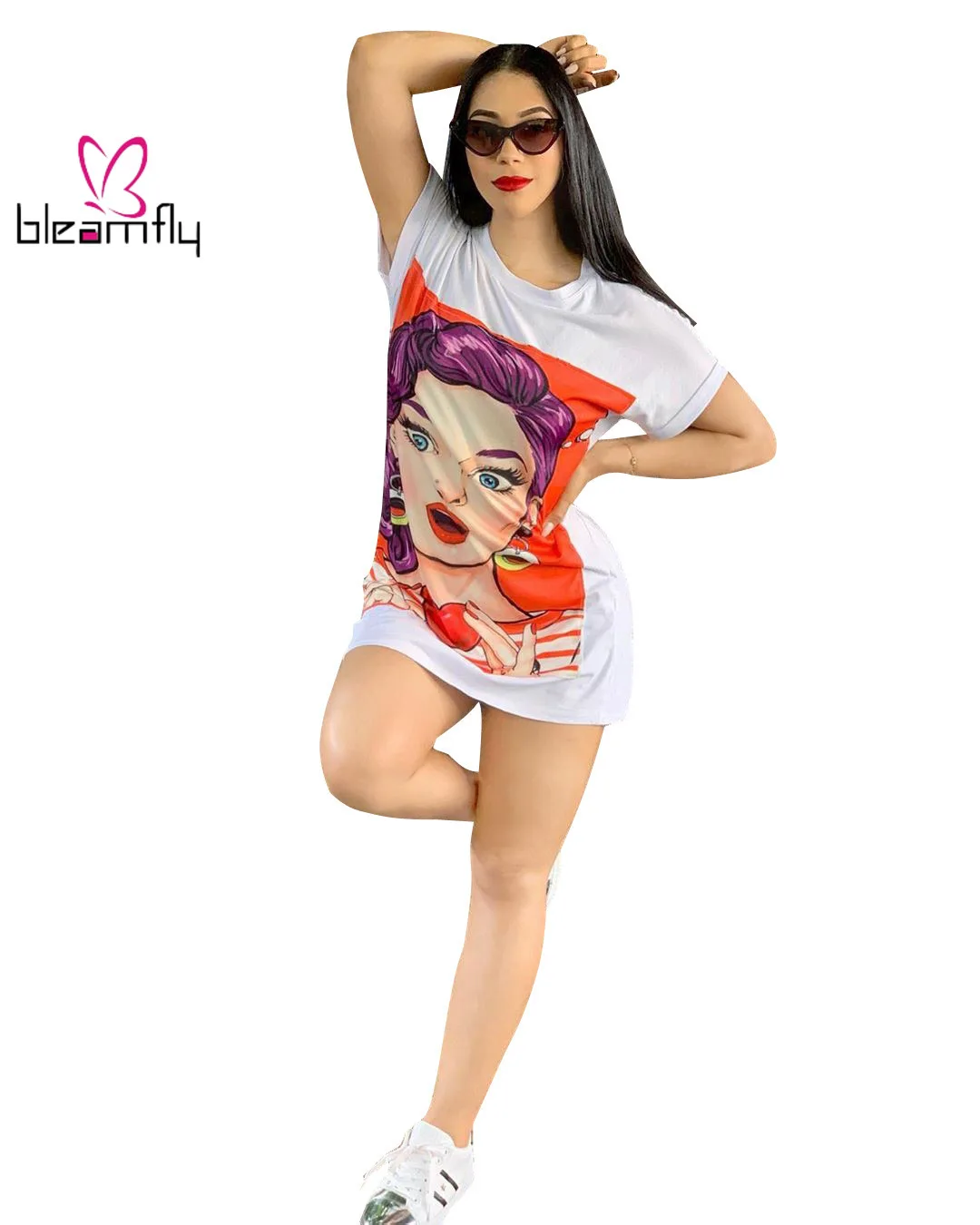 

2019 Women Summer Character Printing Robe O-neck T-shirt White Short Sleeve Bodycon Mini Dress Sexy Casual Club Party Dresses