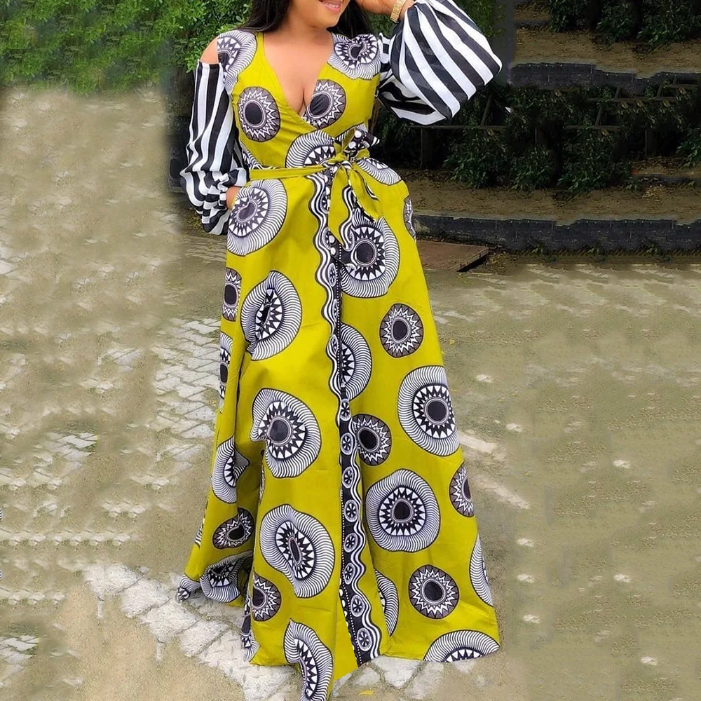 

Fall Striped Lantern Sleeve Sexy Deep V Neck Maxi Dress Women African Vintage Retro Yellow Pattern Printed Lace Up Long Dresses