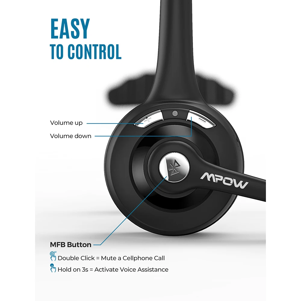 Pro-fone de Ouvido sem Fio Fone de Ouvido Bluetooth com Cancelamento de Ruído Microfone para Caminhoneiro Central de Atendimento ao Escritório Mpow Atualizado V5.0 Mbh15 - Image 6