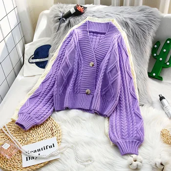 

knitted women sweater and cardigan 2020 winter new v-neck lantern sleeved short high waist female outwear coat tops