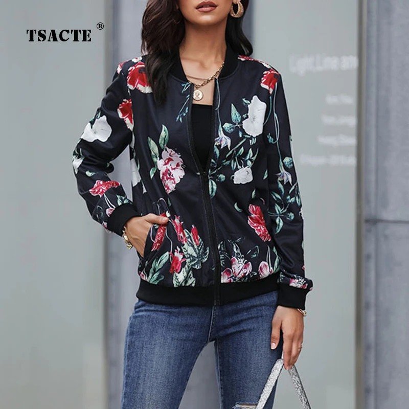 

Spring Fashion Women's Zipper Flowers Printing Long-Sleeve Baseball Uniform Jacket Fall Winter Vintage Streetwear Coats Clothing