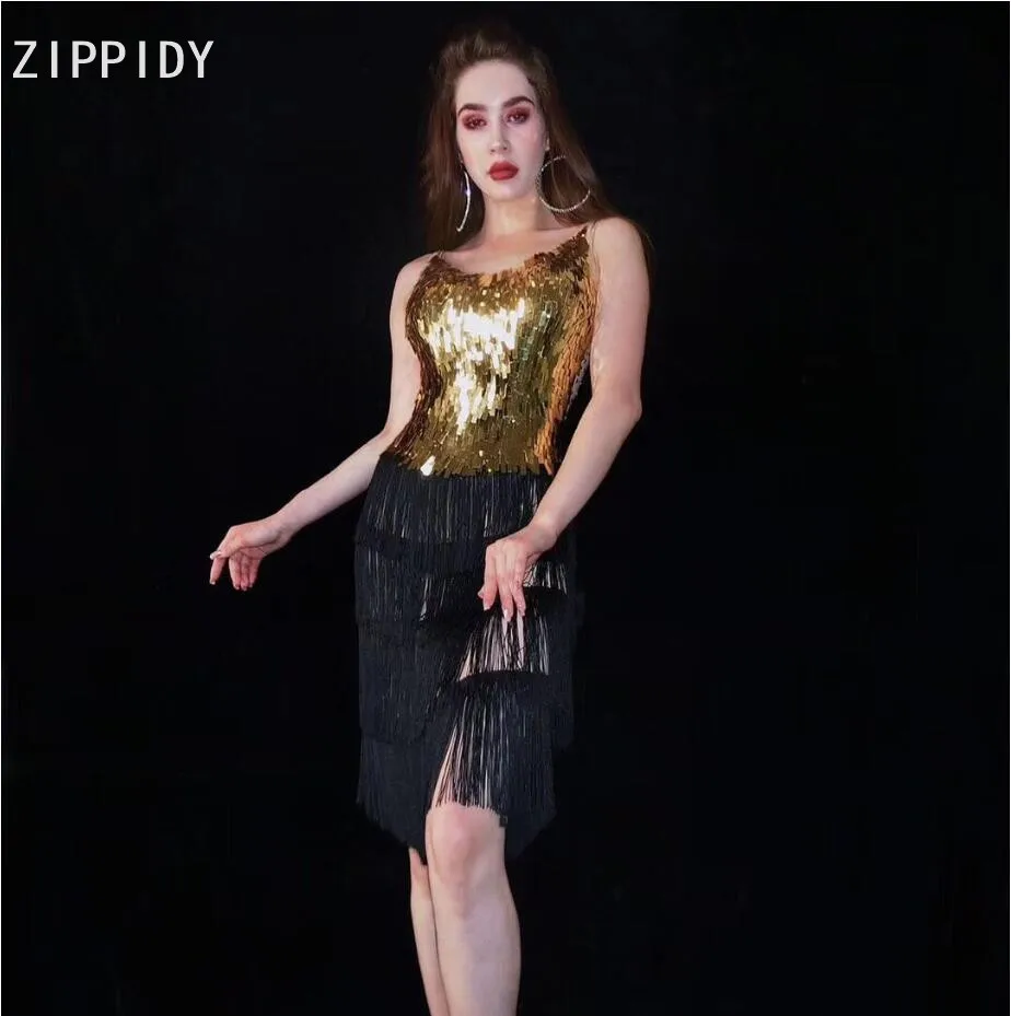 Золотое блестящее Сетчатое платье с черными кисточками и камнями, наряд для празднования дня рождения, Пром, певица, танцовщица, Прозрачное платье