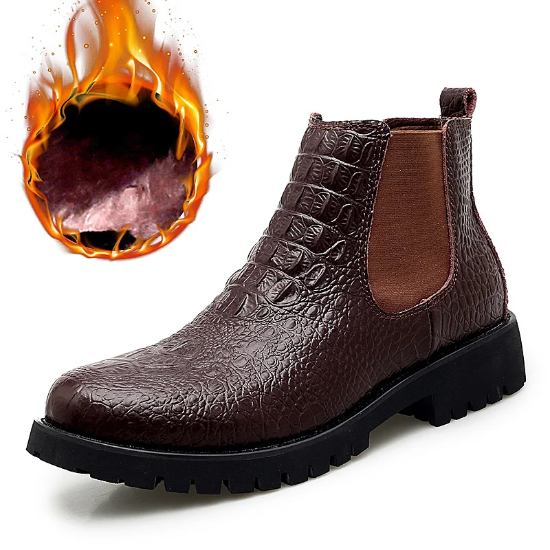 Новое поступление; мужские ботинки; обувь из натуральной кожи; мужские модные зимние теплые ботинки; унисекс; Плюшевые водонепроницаемые мотоботы - Цвет: BROWN WITH FUR
