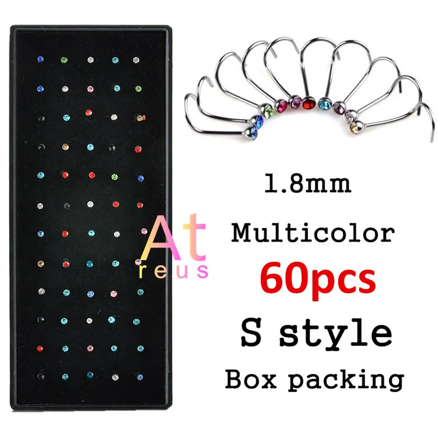 60pc S multiclor box 60/40/24/10 шт. панк S Стиль для пирсинга носа украшения для губ, ювелирное изделие для тела для Для мужчин Для женщин шпильки 1,8 мм Палочки дропшиппинг Нос Кольца Сталь - Окраска металла: 60pc S multiclor box