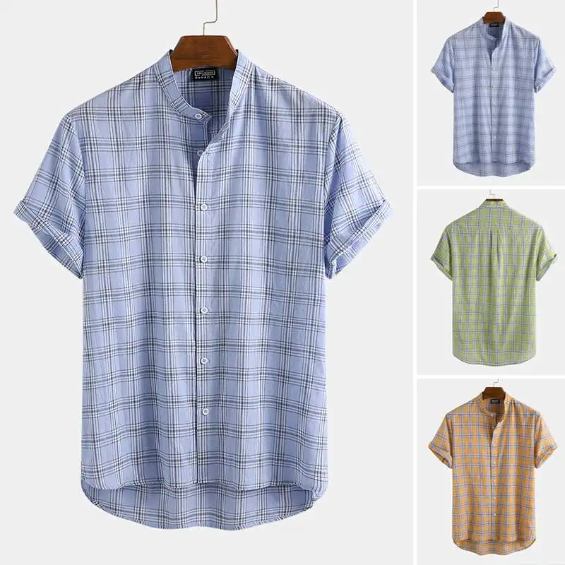 Men Plaid Shirt Brand Casual Stand Collar Shirts Loose Short Sleeve Buttons Hawaiian Blouse Man Beach Chemise Streetwear 3XL