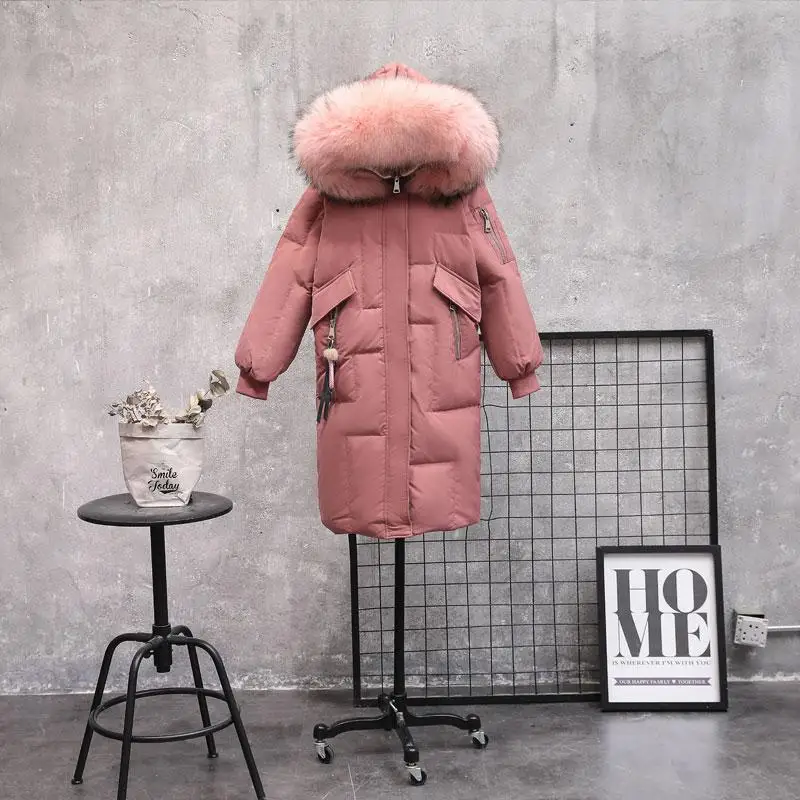 Длинное пуховое пальто женская зимняя парка новая куртка большого размера Женская с большим натуральным енотовым мехом шапка женская парка для женщин - Цвет: pink