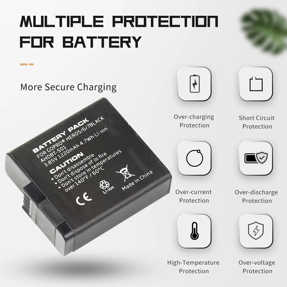 Съемка для GoPro 8 1220mAh AHDBT 501 аккумулятор с USB зарядным устройством Hero 7 5 Black Sports Go Pro