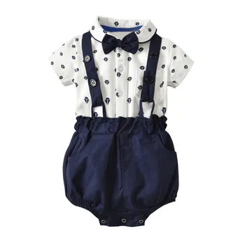 

Summer Baby Boy Clothes Set Solid Strap Shorts Short Sleeve Casual Bow Tie Shirt Tops Gentle Outfits 2 Pcs Clothes Set