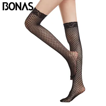 

BONAS Sexy Mesh long Stockings Women Lace Top Stay Up Thigh High Stockings Ladies Hollow Fishnet Stripe Knee Stockings Pantyhose
