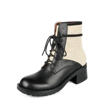 

Genuine Leather Round Toe Cross-tied Motocycle Boots Women Ankle Boots med Heels Shoes Woman Autumn Winter women boots