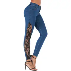 Женские узкие джинсы сексуальные брюки кружева сплайсинга Кнопка молния карман брюки повседневные джинсы брюки женские джинсы