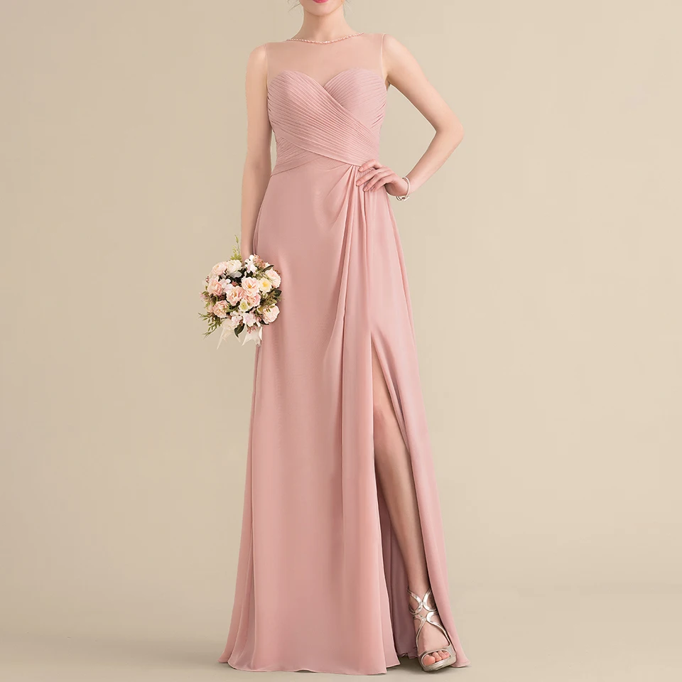 

A-Line Scoop Neck Floor-Length Chiffon Bridesmaid Dress With Ruffle Beading Sequins Split Front
