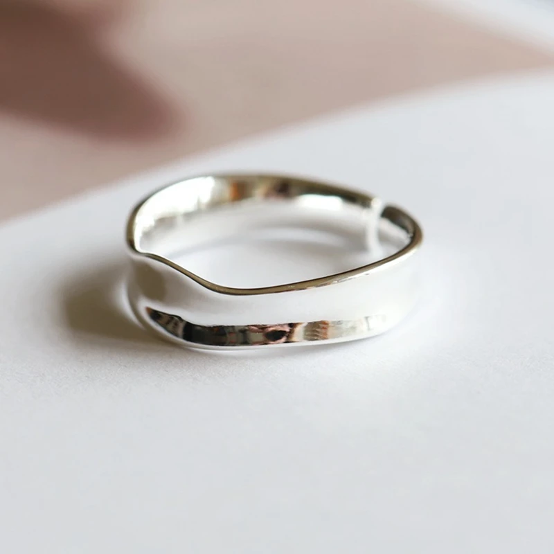 

925 Sterling Silver Concave-convex Face Wide Ring White Gold Ring Adjustable Geometry Wave Minimalist Dainty Ring Gift For Her