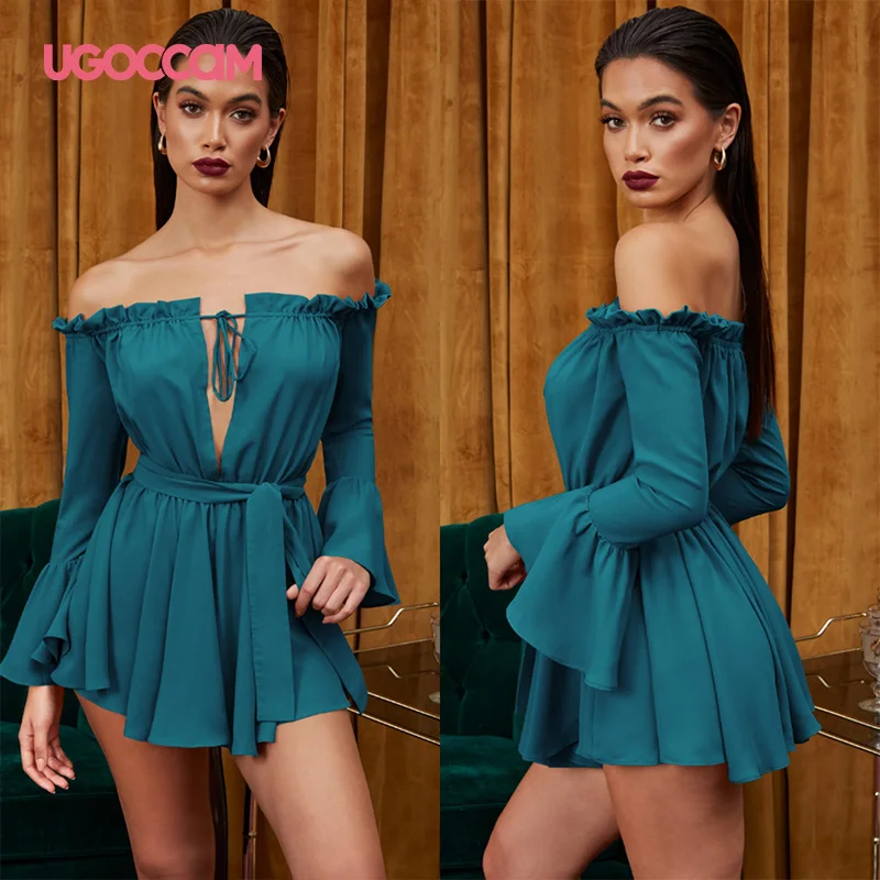 

UGOCCAM Off Shoulder Dress Women Summer Slash Neck Lace Solid Vestidos 2020 Mini Ruffles High Waist Dress Robe Ladies Dress
