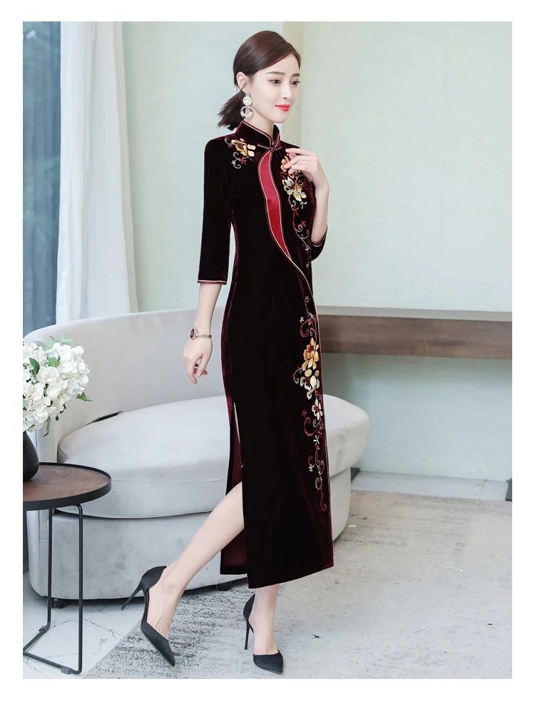 ASYH-8231# платья матери невесты бархат cheongsam вышивка длинное свадебное платье бордовый женская одежда дешево