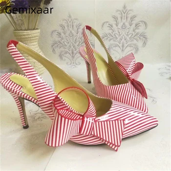 

Striped Red Side Butterfly-knot Sandals Women Thin Heels Back Strap Pointed Toes Slingbacks Party Sandalias Mujer