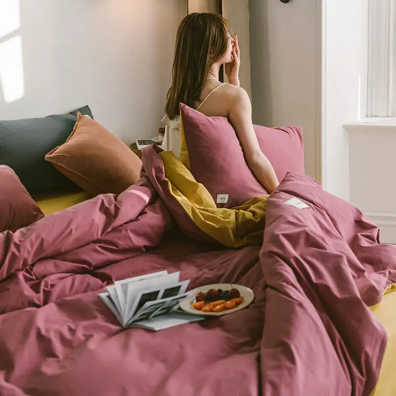 Двухцветные постельные принадлежности, томатный красный/желтый Комплект постельного белья из стираного хлопка, одноцветное постельное белье, односпальная/двуспальная кровать