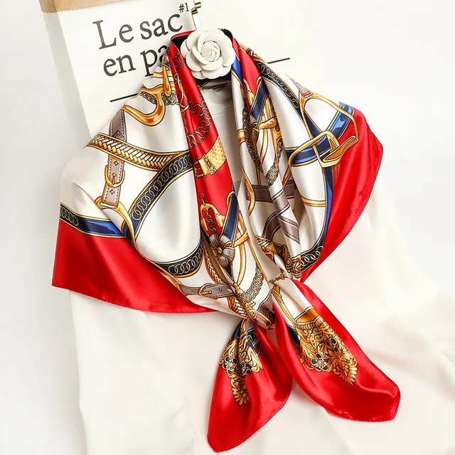 Fazzoletti Sciarpa di seta per capelli 90 * 90 cm Stampa Raso Grandi sciarpe quadrate di seta Scialli per le donne Designer di marca di lusso Fascia Hijab 6