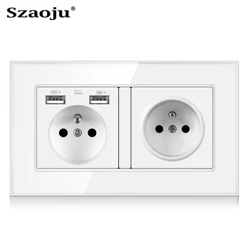 

Szaoju 146*86mm wall socket French standard 16A crystal tempered glass panel socket power socket with USB charging AC110-250V