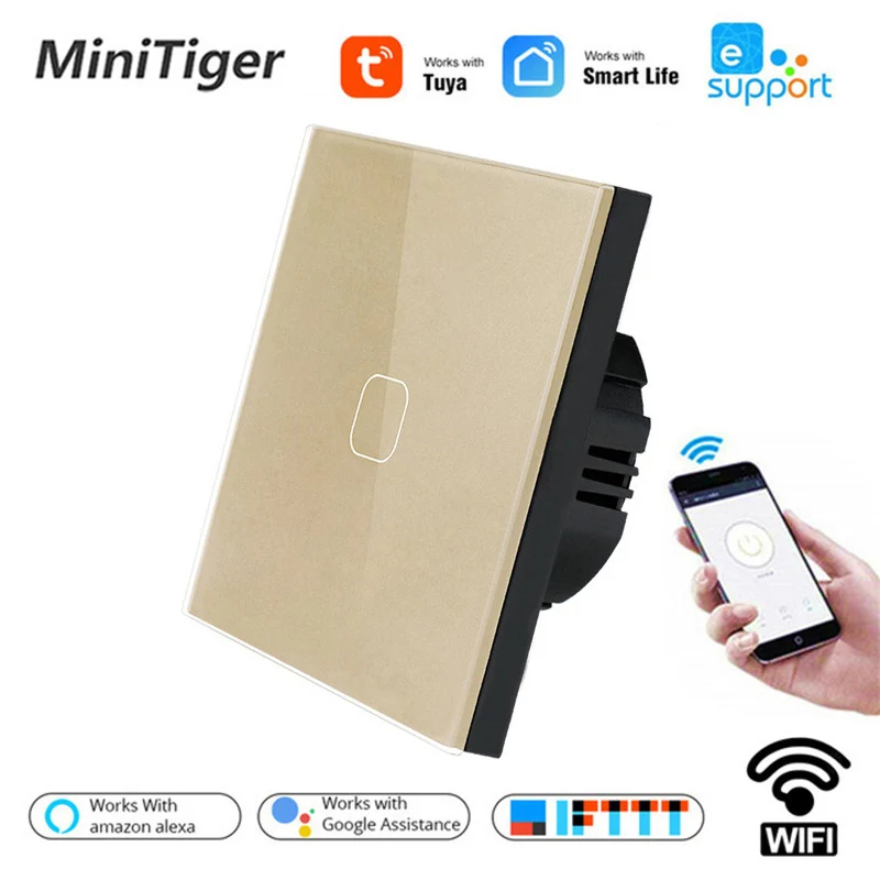 Minitiger Tuya/Smart Life/ewelink 1/2/3 Gang 1 Way EU Standard WiFi Wall Light Touch Switch for Google Home Amazon Alexa Control