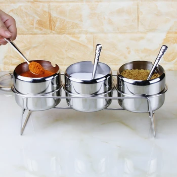 

Set of 3 Stainless Steel Salt Jar Pepper Storage Box Container Spice Rack Kitchen Accessories Tools Gedget Organizer with Spoon