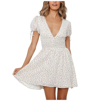 

dress fashion women dress Womens Sexy Casual Tie Up Floral Print Button V Neck Ruffle Beach Mini Dress платье Free Shipping D4