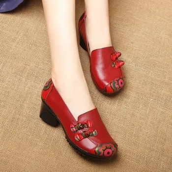 

Womens Spring Autumn Genuine Leather Elegant Ethnic Style Pumps Womens Middle Heel Comfortable Mothers Dancing Shoes