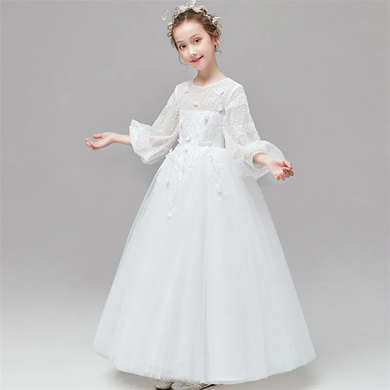 Детские милые костюмы белого цвета на фортепиано для маленьких детей; длинное платье принцессы для девочек; вечернее платье на день рождения