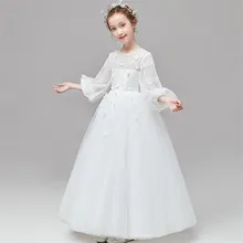 Детские милые костюмы белого цвета на фортепиано для маленьких детей; длинное платье принцессы для девочек; вечернее платье на день рождения